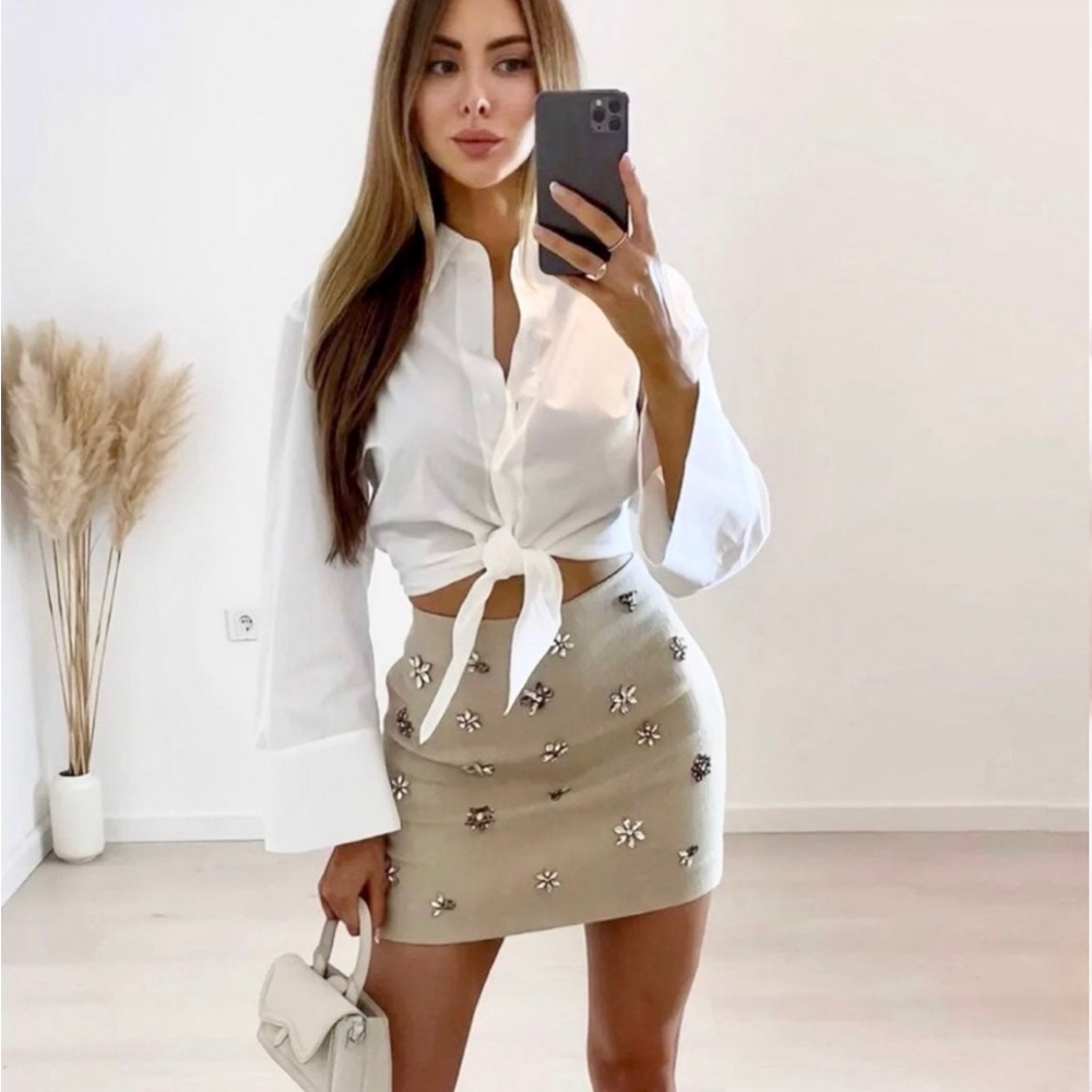 ZARA WOMAN NWT SAND JEWEL TRIM LINEN BLEND SKIRT